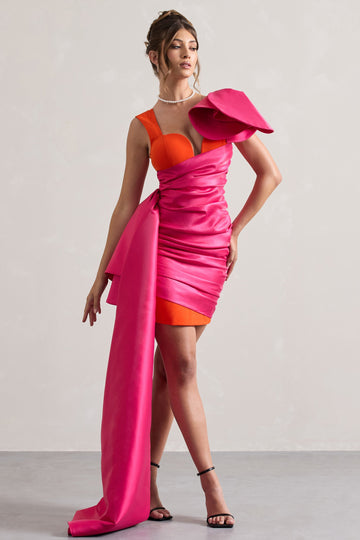 Rare Pink & Orange Satin Wrap Mini Dress Peplum Drape
